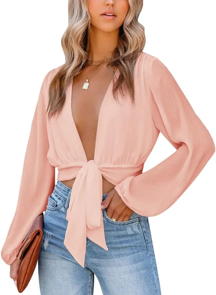 LYANER Women's Deep V Neck Long Sleeve Tie Front Knot Sexy Wrap Crop Top Blouse