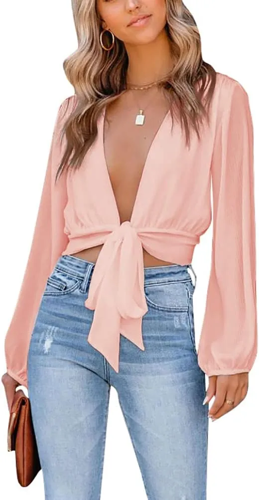 LYANER Women's Deep V Neck Long Sleeve Tie Front Knot Sexy Wrap Crop Top Blouse