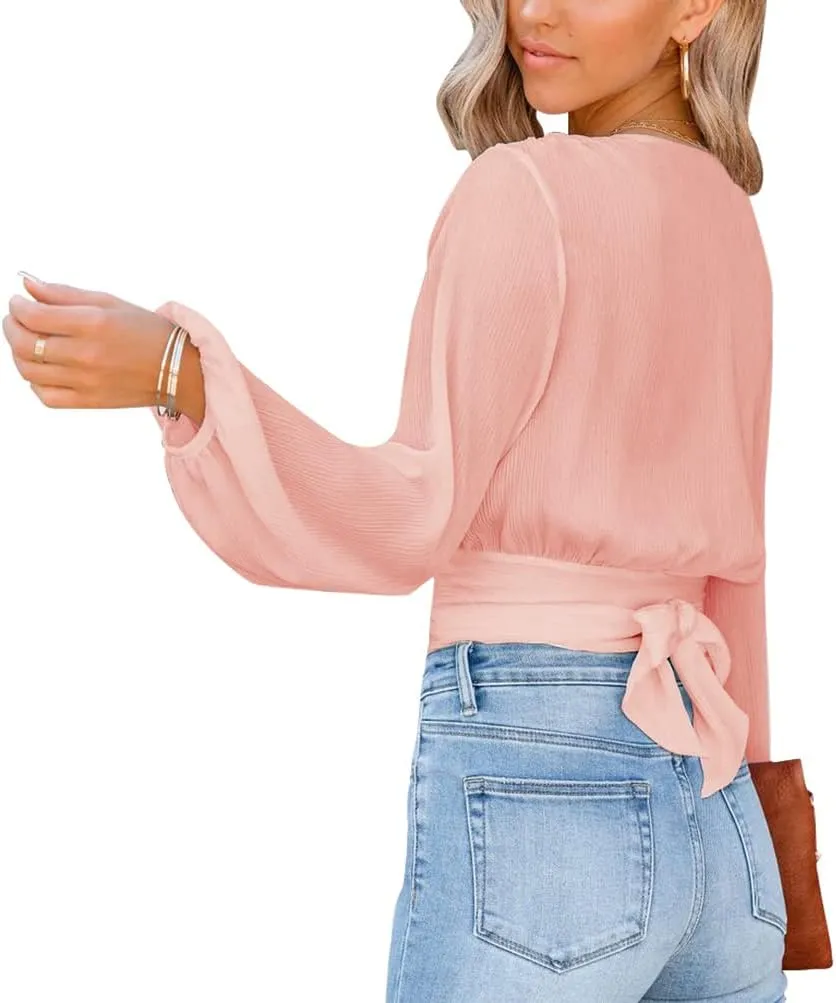 LYANER Women's Deep V Neck Long Sleeve Tie Front Knot Sexy Wrap Crop Top Blouse