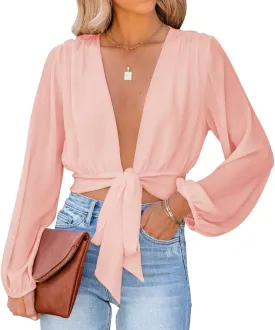 LYANER Women's Deep V Neck Long Sleeve Tie Front Knot Sexy Wrap Crop Top Blouse
