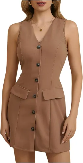 MakeMeChic Women's Elegant Short Dresses Deep V Neck Button Down Sleeveless Blazer Dress