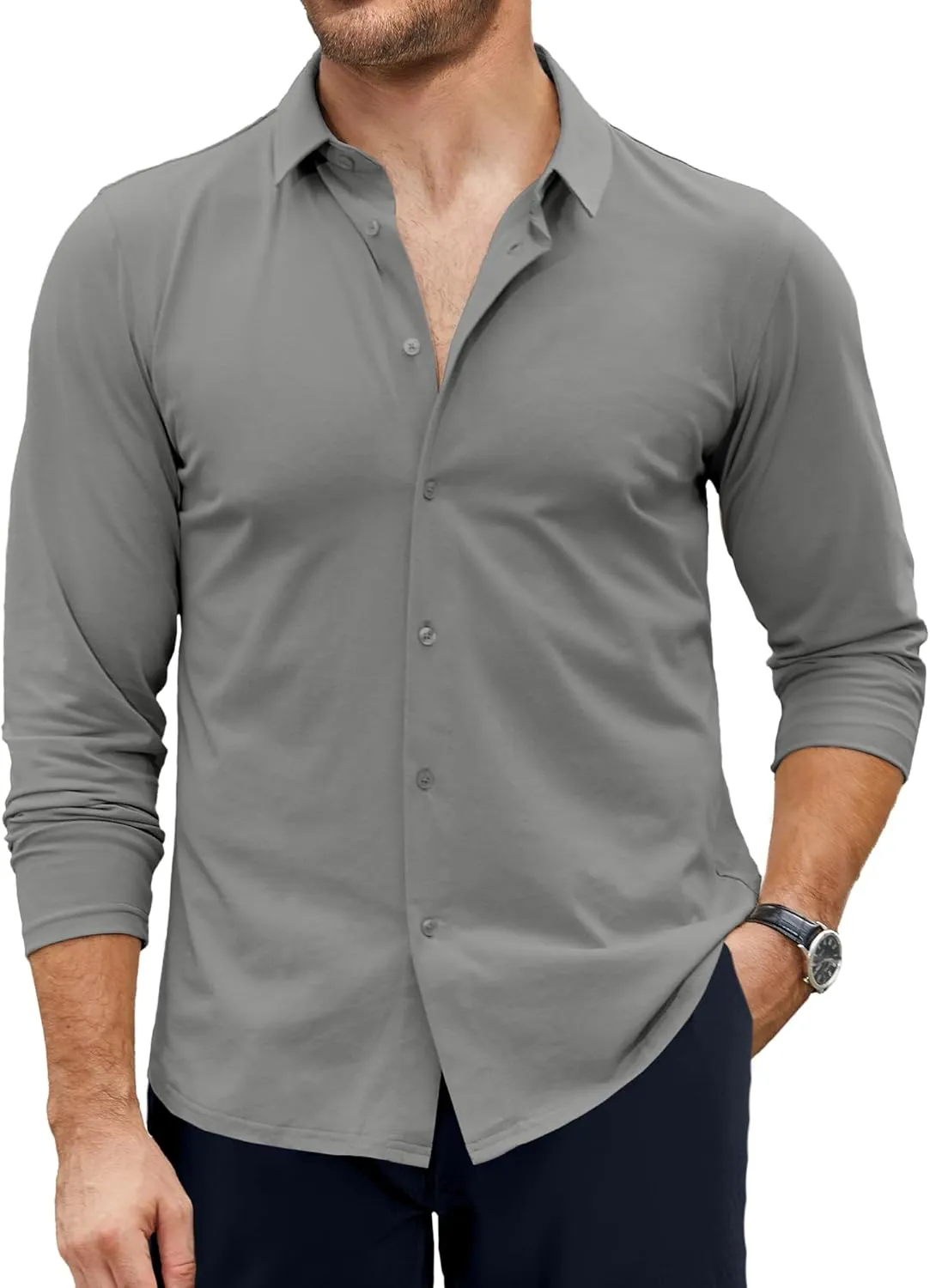 Men's Dress Shirt Slim Fit Button Down Shirt Long Sleeve No Cuff-Links Four Way Stretch Muscle Shirts for Men