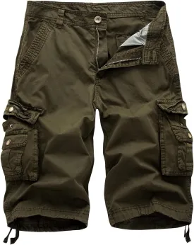 Mens Washed Cargo Shorts Zipper Button Slim Fit Hiking Shorts Summer Lightweight Beach Pants with Multi-Pockets