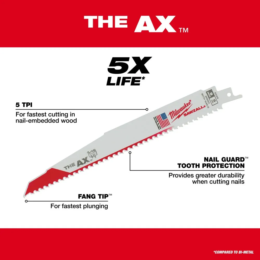 Milwaukee 48-00-5026 9" x 5 TPI Bi-Metal AX Super Sawzall Blade 5-Pack