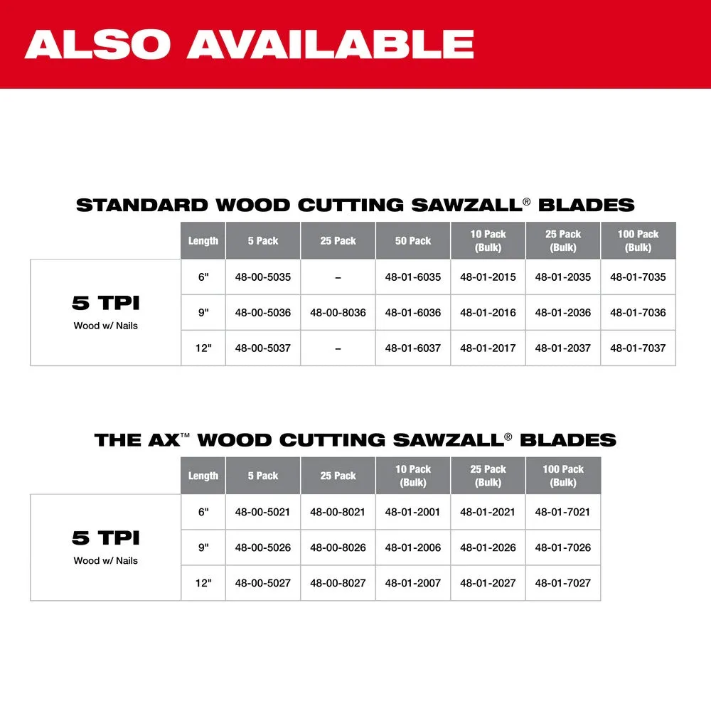 Milwaukee 48-00-5026 9" x 5 TPI Bi-Metal AX Super Sawzall Blade 5-Pack