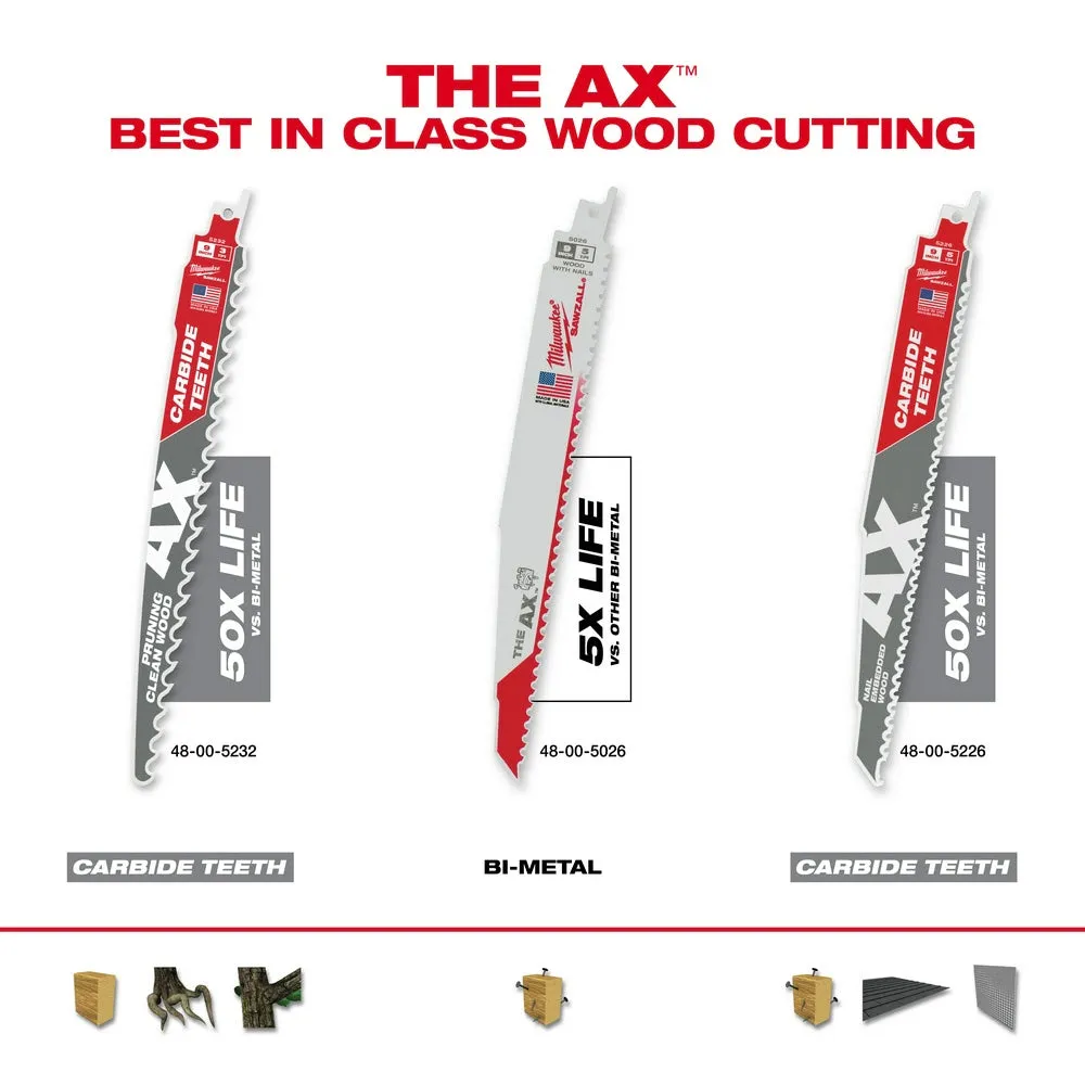 Milwaukee 48-00-5026 9" x 5 TPI Bi-Metal AX Super Sawzall Blade 5-Pack