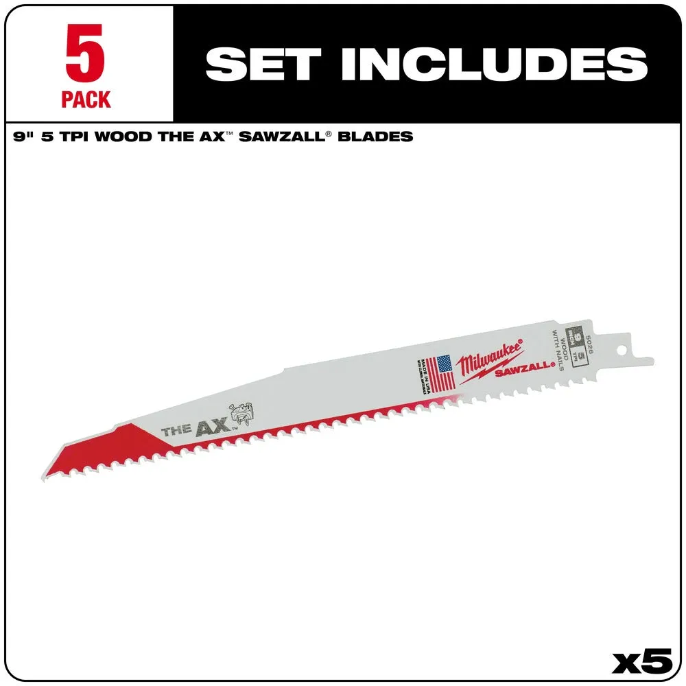 Milwaukee 48-00-5026 9" x 5 TPI Bi-Metal AX Super Sawzall Blade 5-Pack