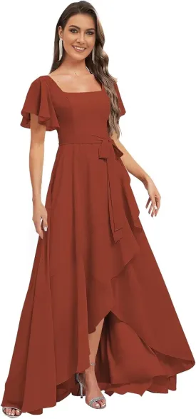 Monvelli Asymmetrical Chiffon Flutter Sleeve Bridesmaid Dresses for Women Square Neck Formal Gowns with Pockets 2025