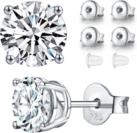 Mossinate Earrings Studs For Women Men, 1-2CT 18K White Gold Plated, S925 Sterling Sliver - Extra Butterfly & Silicone Backs for Comfortable, Secure Fit, Hypoallergenic - Flawless D-Grade Lab Created Diamond Jewelry for Gift