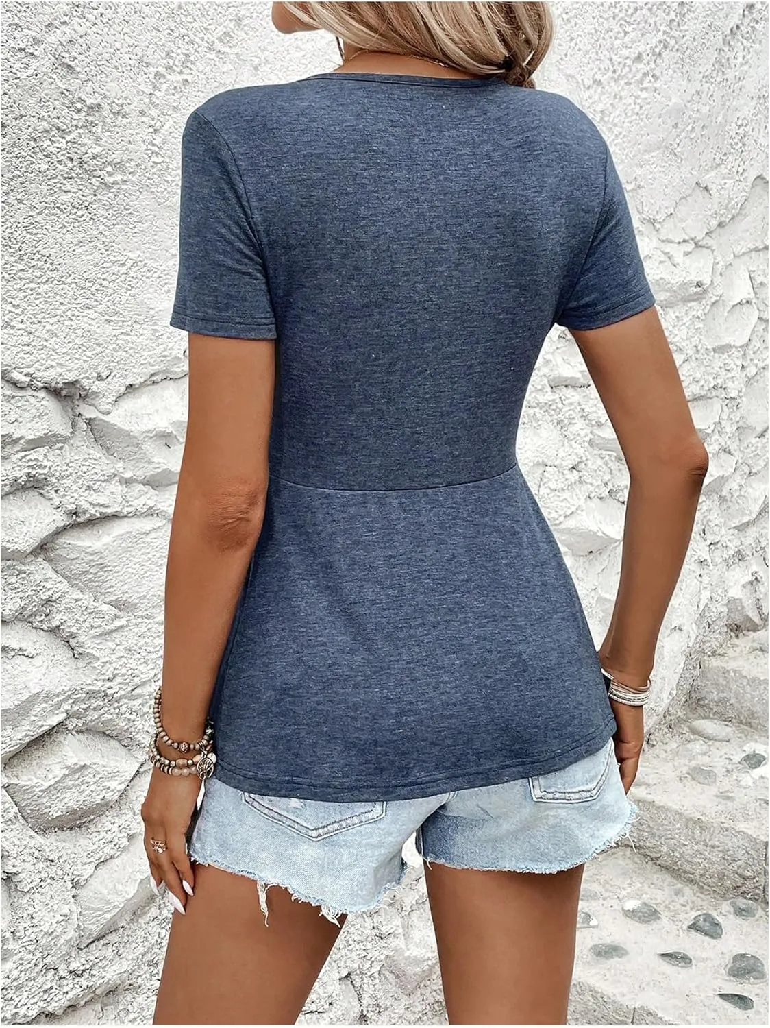 SOLY HUX Women's Twist Front Peplum T Shirt Deep V Neck Short Sleeve Dressy Casual Tops