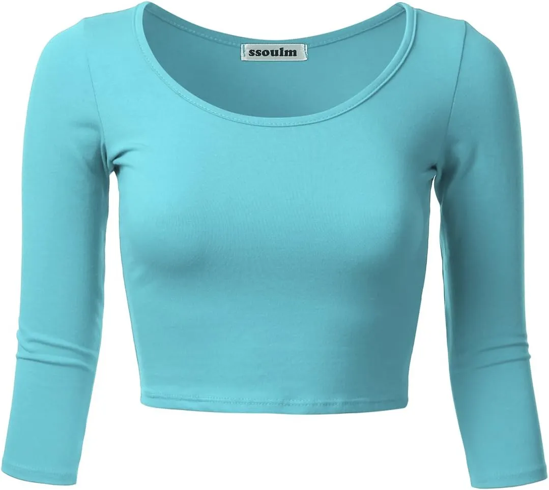 SSOULM Women's 3/4 Sleeve Scoop Neck Cotton Slim Fit Crop Top (S-2XL)