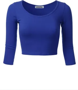 SSOULM Women's 3/4 Sleeve Scoop Neck Cotton Slim Fit Crop Top (S-2XL)