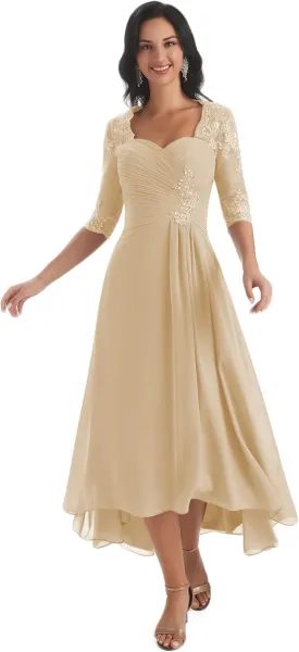 Sukleet Women's Tea Length Mother of The Bride Dresses for Wedding Short Sleeves Lace Applique Formal Evening Prom Gowns
