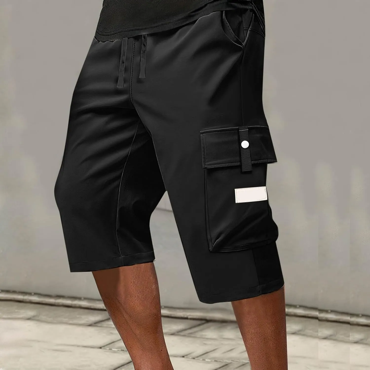 Summer Cargo Shorts for Men Elastic Drawstring Athletic Capri Pants Wide Leg Stretch Hiking Shorts with Multi Pockets