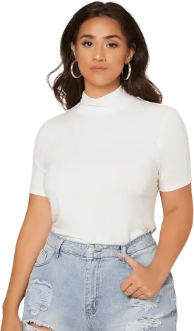 SweatyRocks Women's Plus Size Short Sleeve Mock Neck Top Solid Basic Tee Shirt