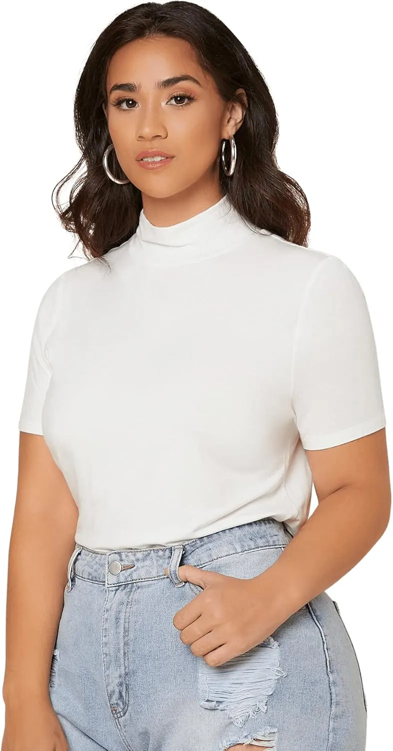 SweatyRocks Women's Plus Size Short Sleeve Mock Neck Top Solid Basic Tee Shirt