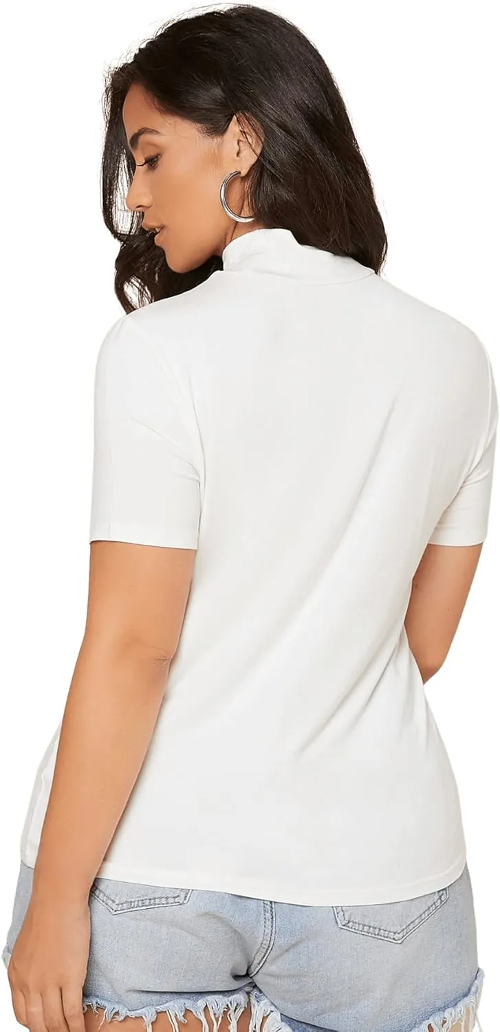 SweatyRocks Women's Plus Size Short Sleeve Mock Neck Top Solid Basic Tee Shirt