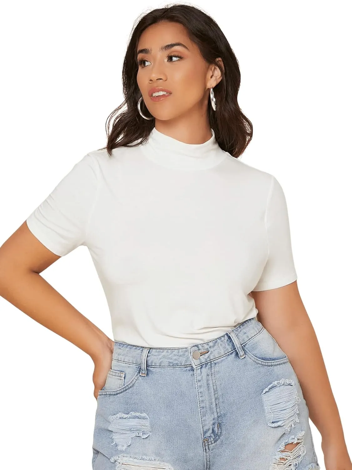 SweatyRocks Women's Plus Size Short Sleeve Mock Neck Top Solid Basic Tee Shirt