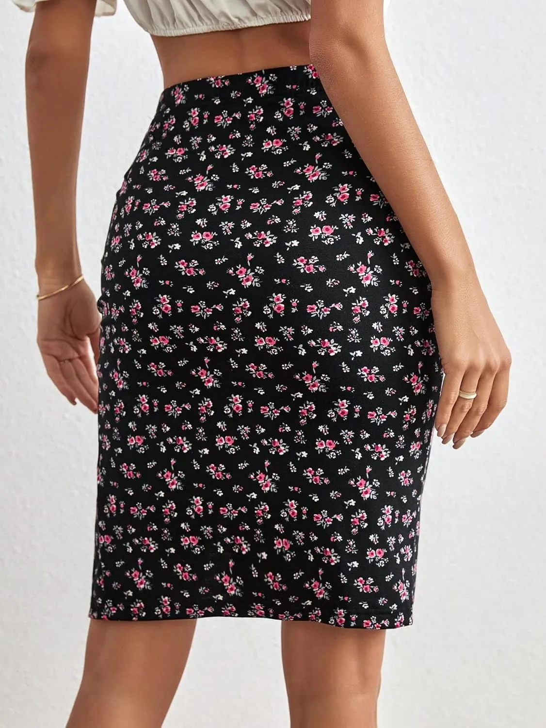 Verdusa Women's Floral Print Ruched Elastic Waist Split Bodycon Short Skirt