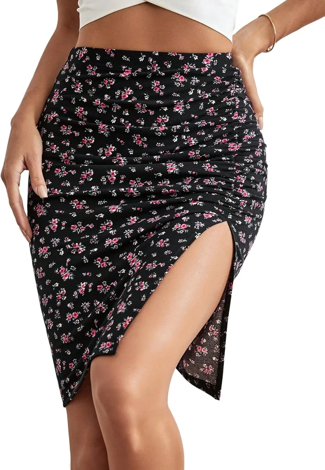 Verdusa Women's Floral Print Ruched Elastic Waist Split Bodycon Short Skirt