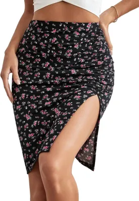 Verdusa Women's Floral Print Ruched Elastic Waist Split Bodycon Short Skirt