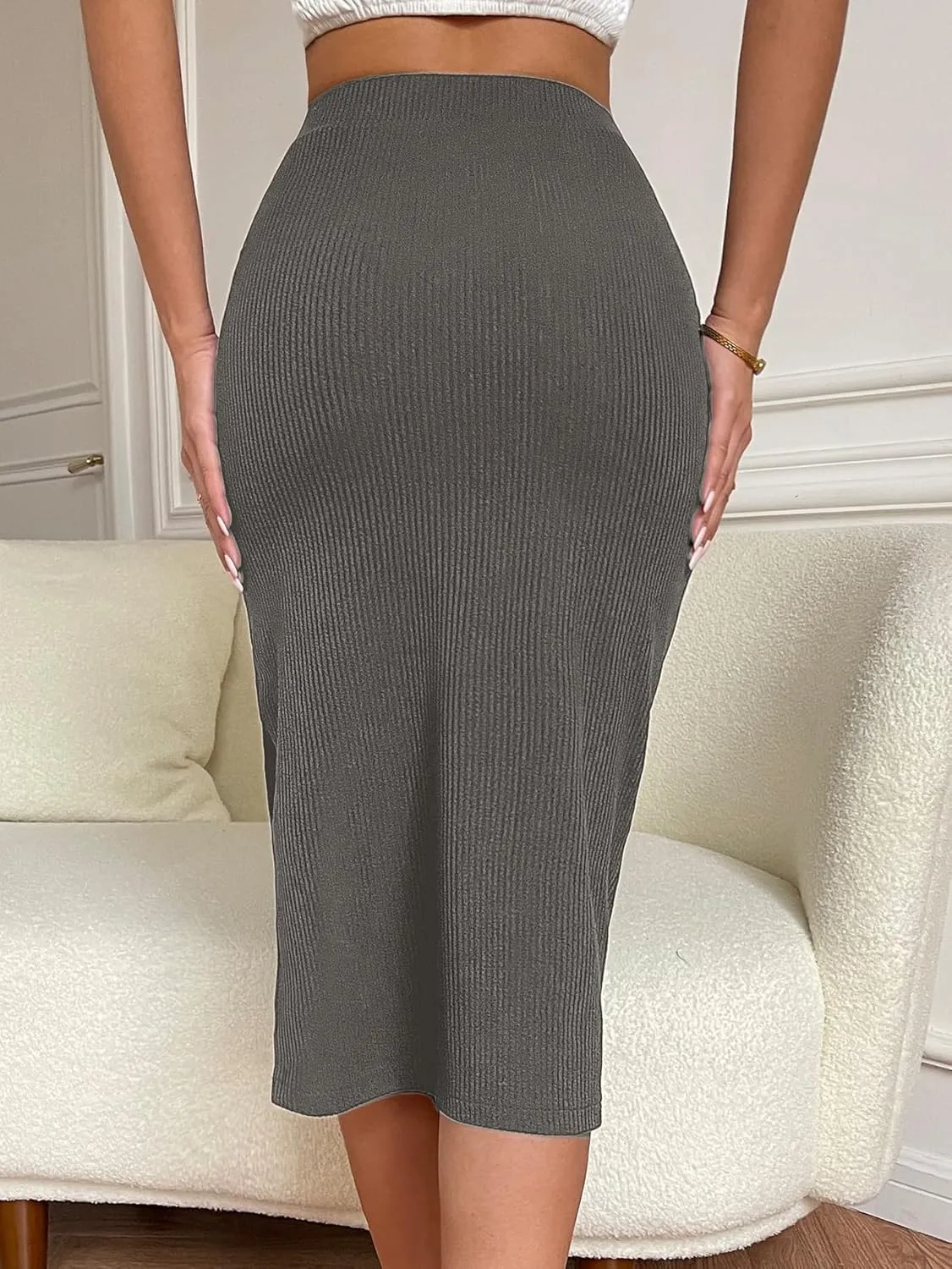 Verdusa Women's High Waist Slit Hem Rib Knit Midi Bodycon Skirt