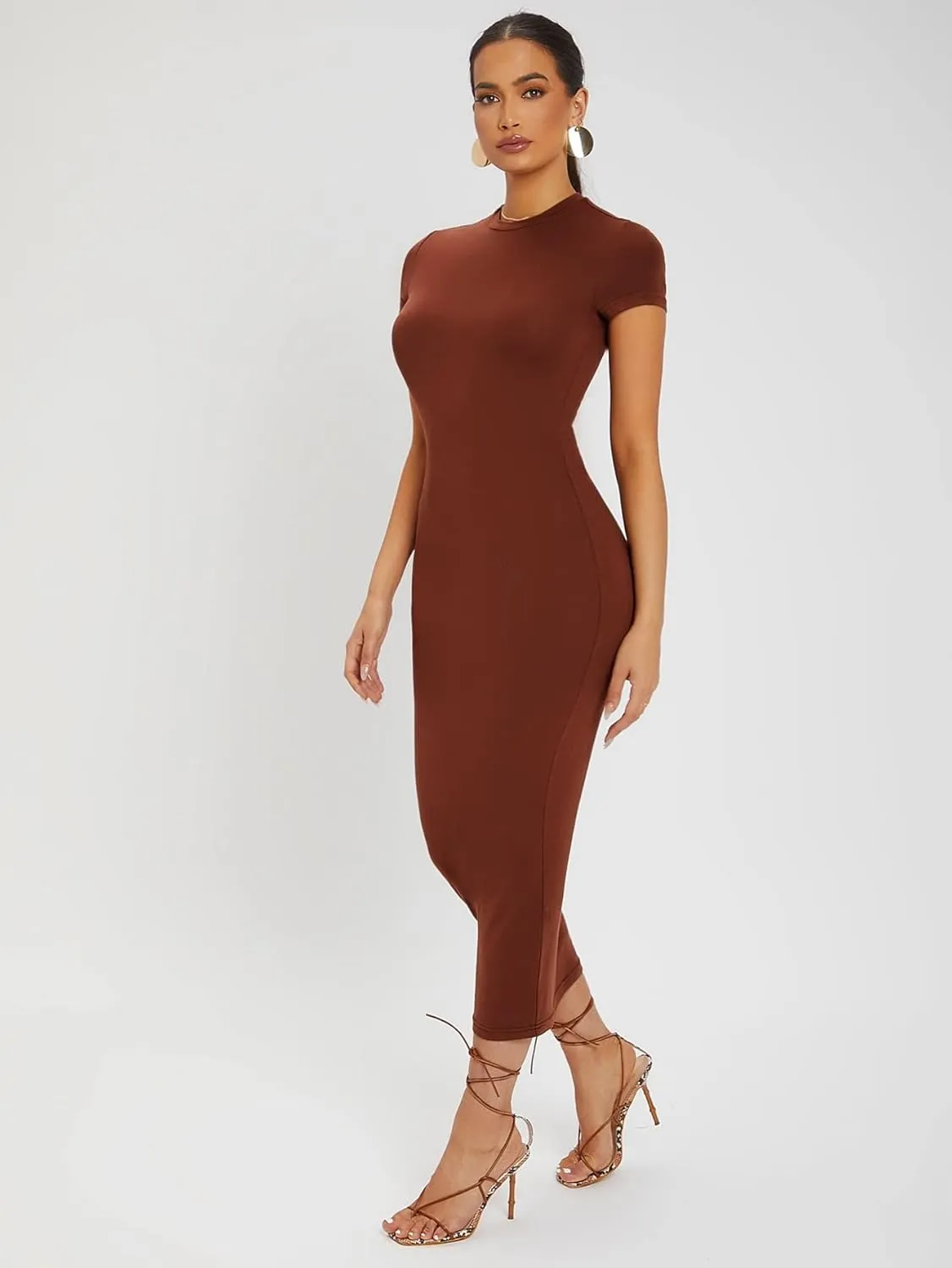 Verdusa Women's Round Neck Cap Sleeve Solid Long Pencil Bodycon Dress