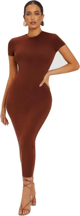 Verdusa Women's Round Neck Cap Sleeve Solid Long Pencil Bodycon Dress