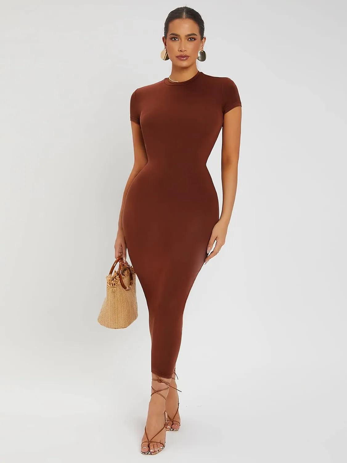 Verdusa Women's Round Neck Cap Sleeve Solid Long Pencil Bodycon Dress