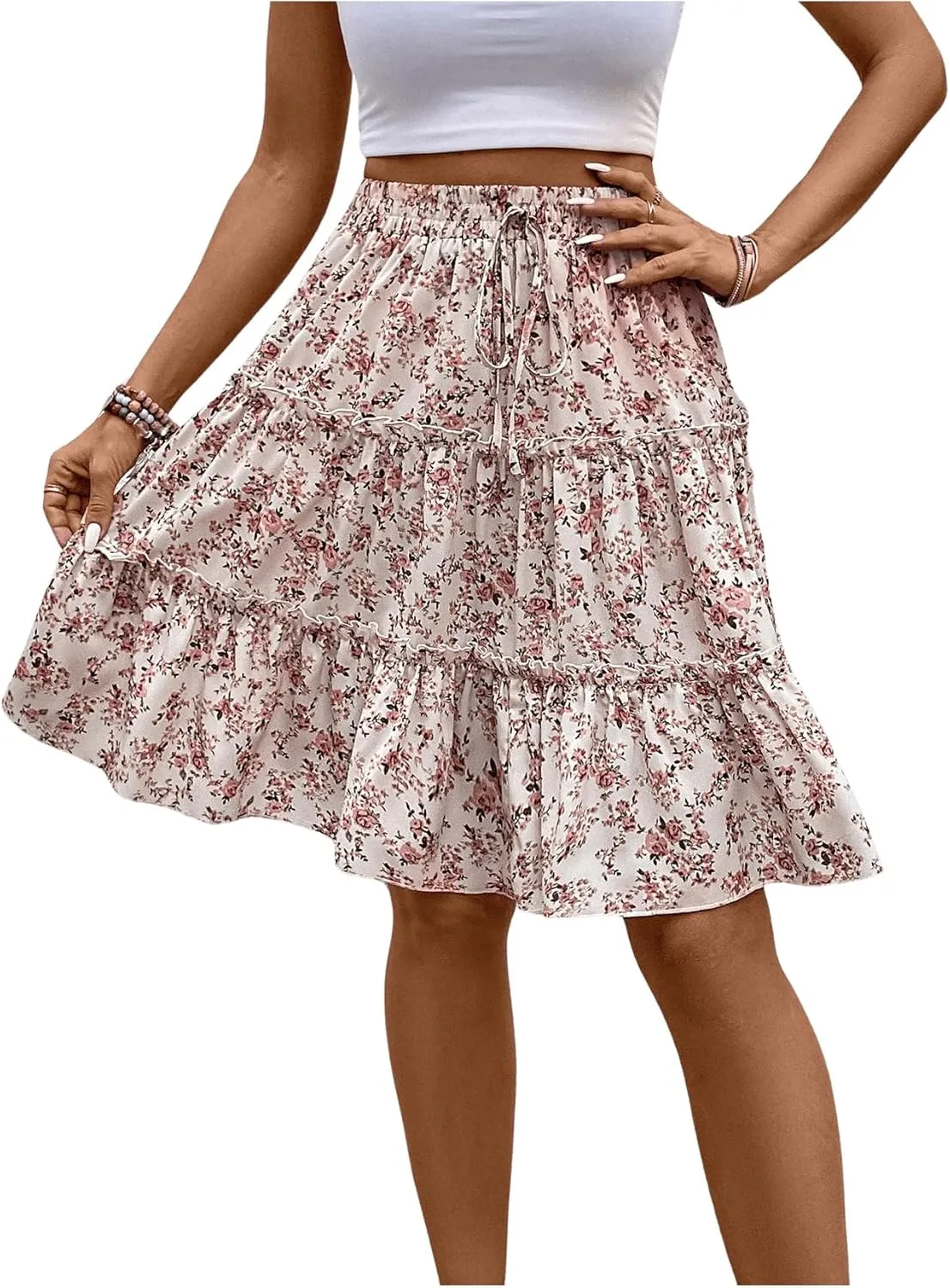 WDIRARA Women's Floral Print Ruffle Hem Elastic High Waist Tie Front Skirt