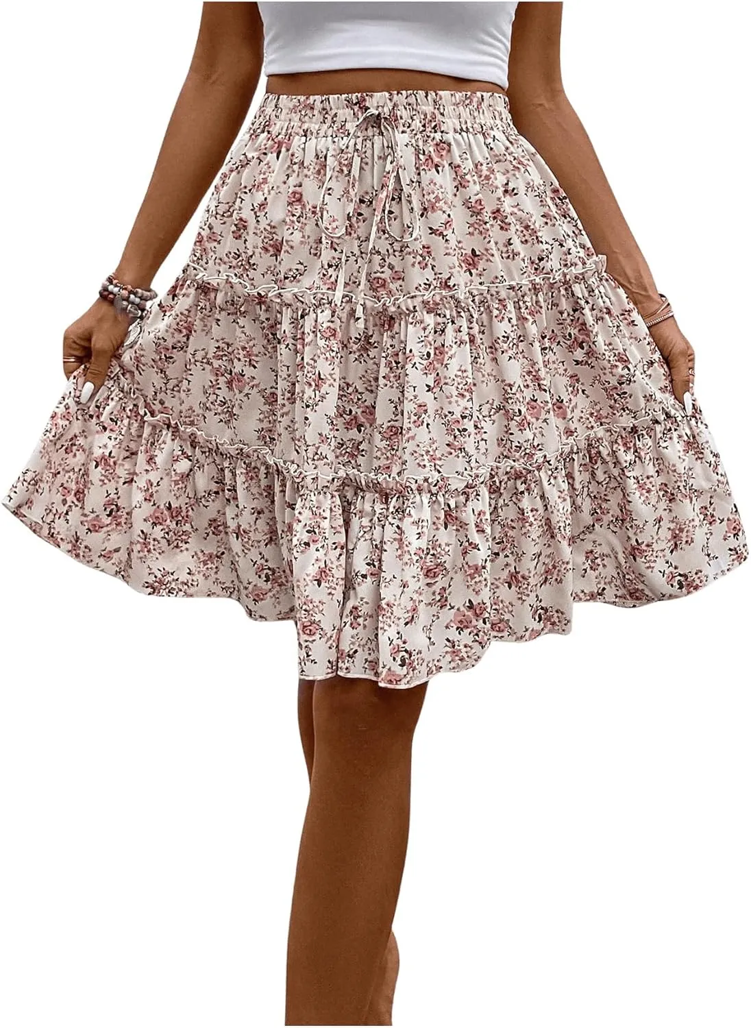 WDIRARA Women's Floral Print Ruffle Hem Elastic High Waist Tie Front Skirt