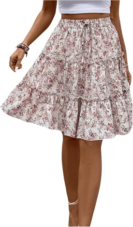 WDIRARA Women's Floral Print Ruffle Hem Elastic High Waist Tie Front Skirt