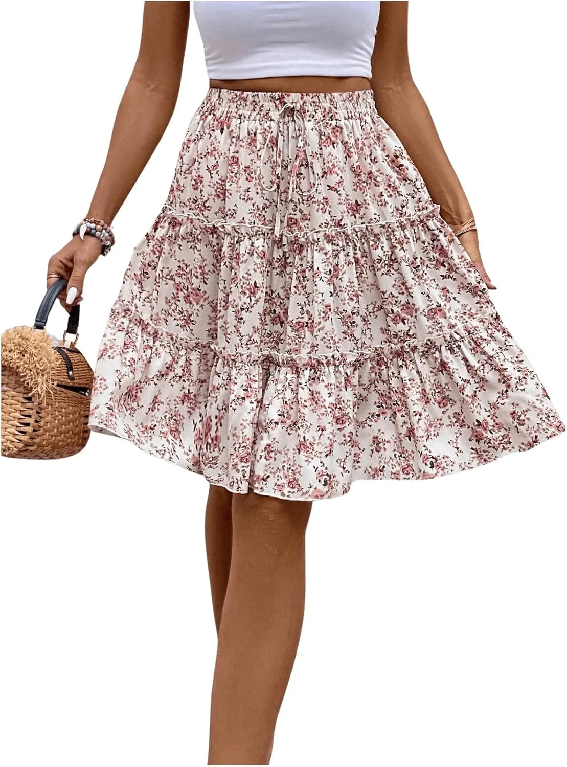 WDIRARA Women's Floral Print Ruffle Hem Elastic High Waist Tie Front Skirt