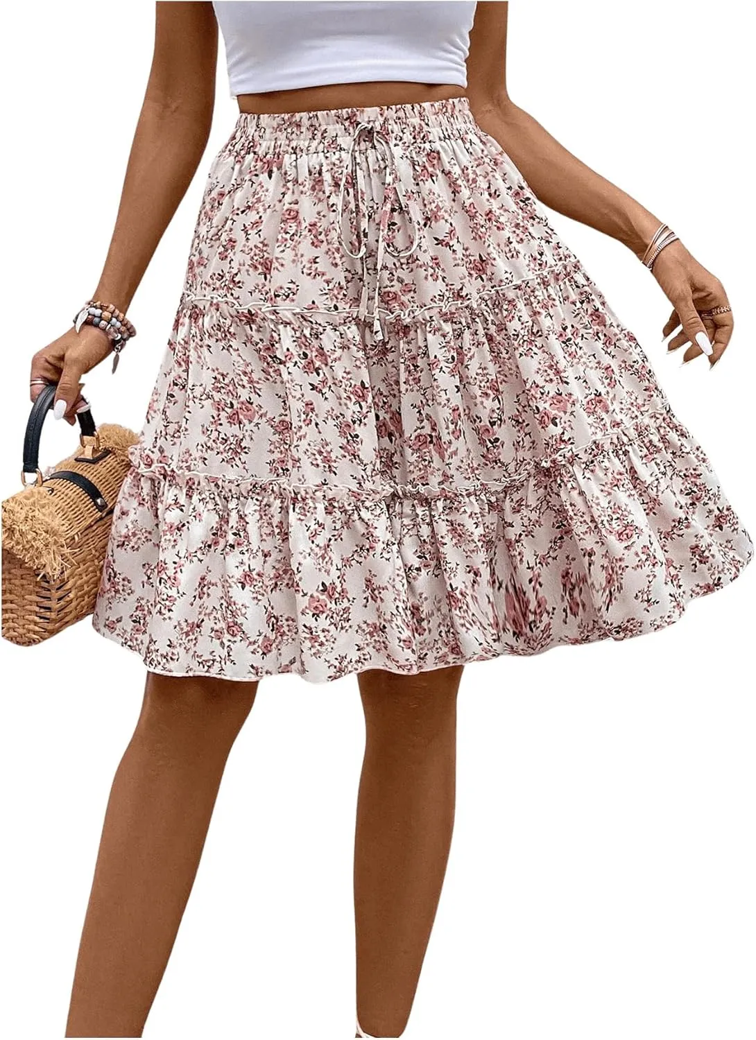 WDIRARA Women's Floral Print Ruffle Hem Elastic High Waist Tie Front Skirt