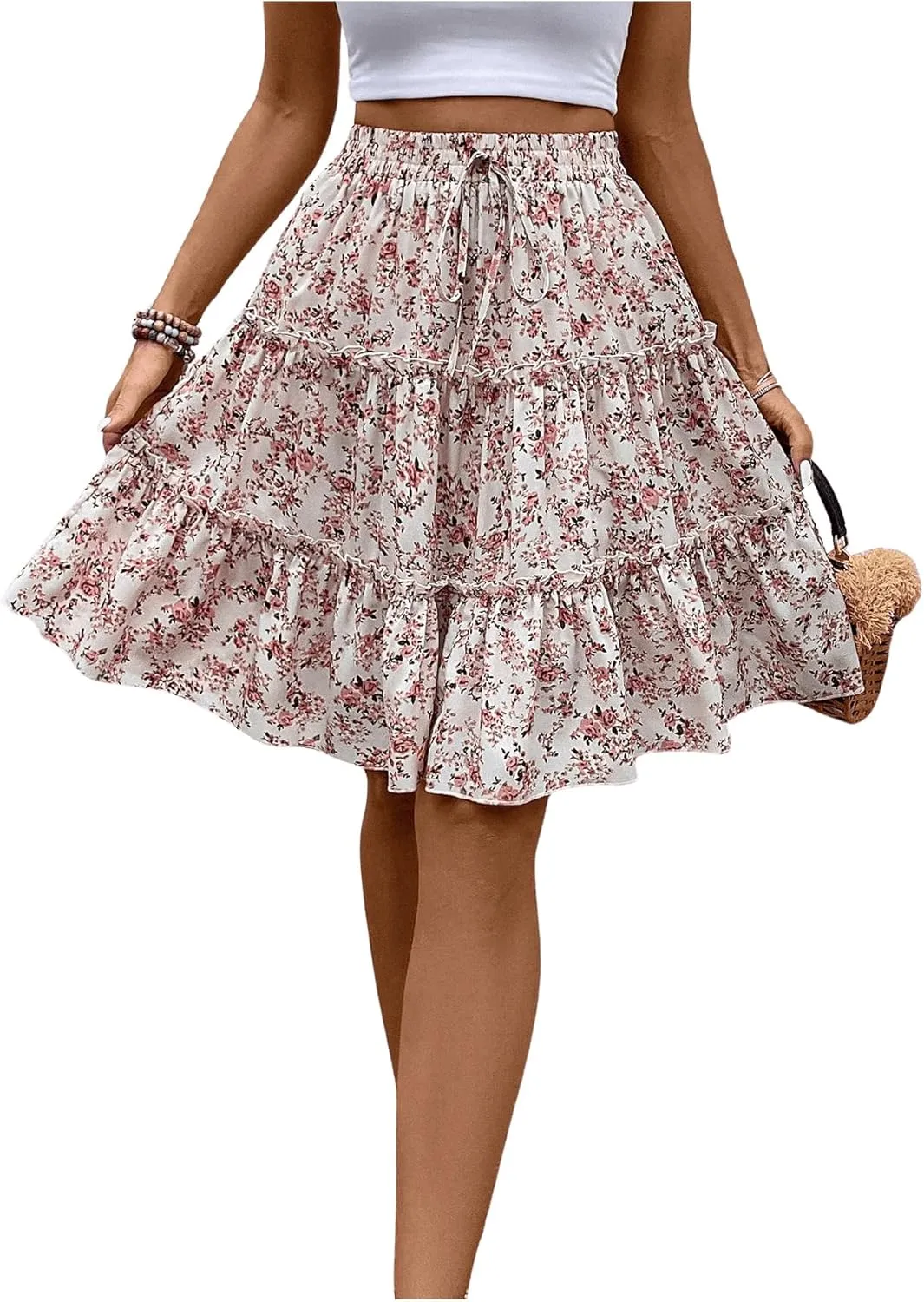 WDIRARA Women's Floral Print Ruffle Hem Elastic High Waist Tie Front Skirt