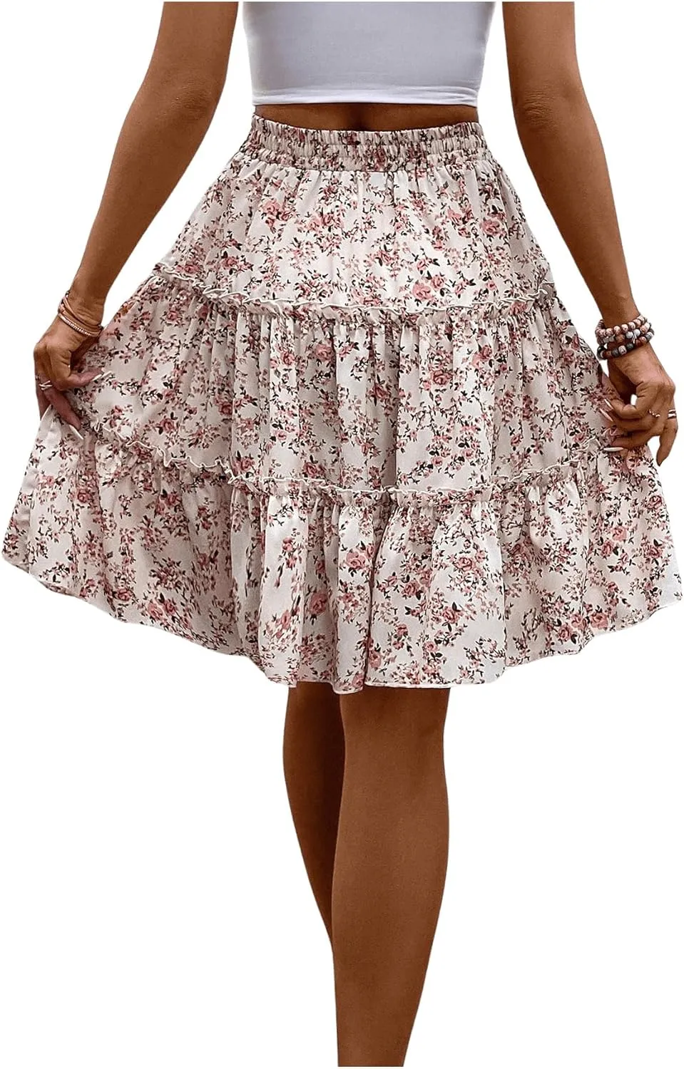 WDIRARA Women's Floral Print Ruffle Hem Elastic High Waist Tie Front Skirt