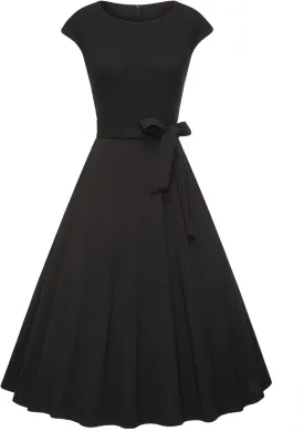 Womens Casual 1950s Dresses for Women Vintage Cap Sleeves Modest Cocktail Party Swing Prom Dress with Pockets