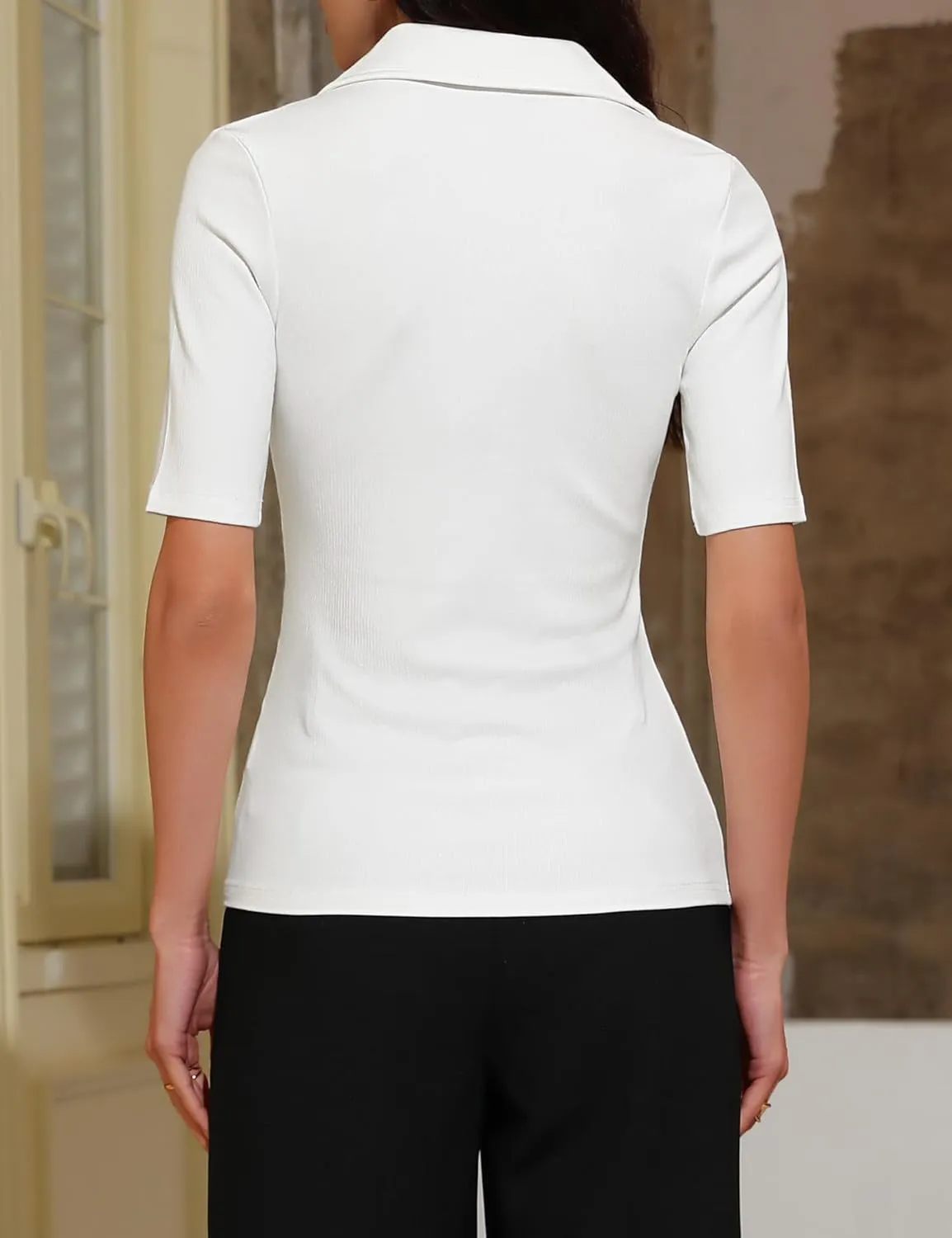 Women's Half Sleeve Top 2025 Summer Elegant V Neck Zipper Collared Work Shirts Slim Fitted Dressy Blouses