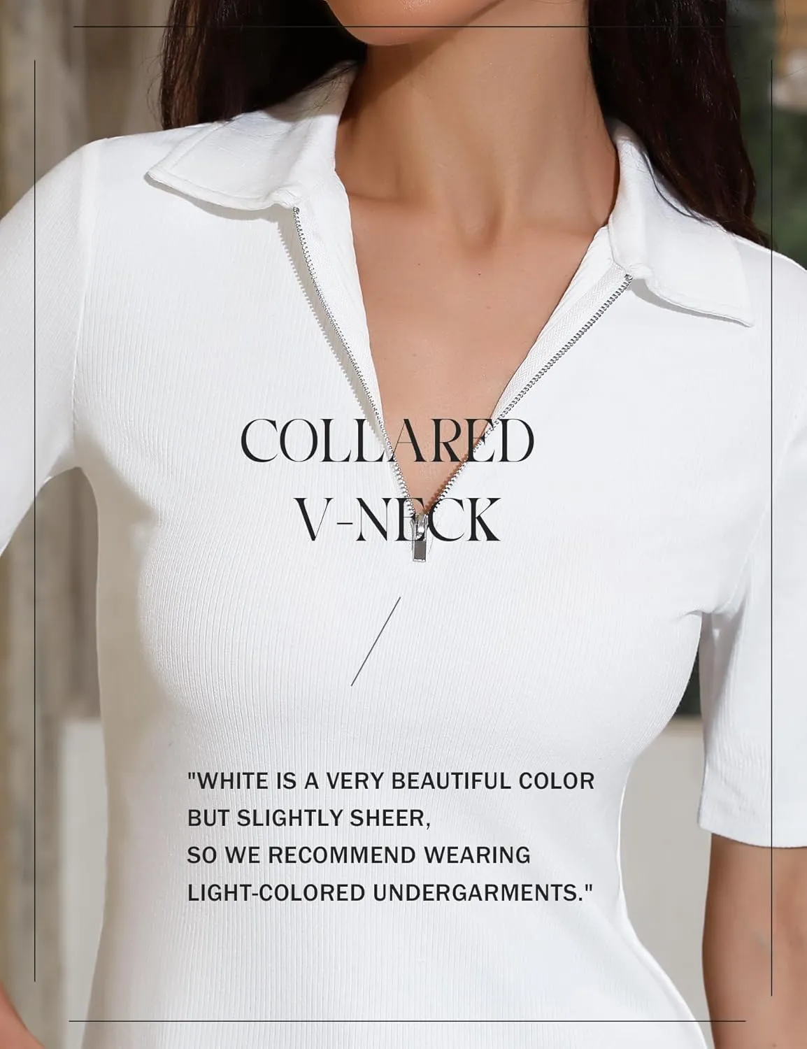 Women's Half Sleeve Top 2025 Summer Elegant V Neck Zipper Collared Work Shirts Slim Fitted Dressy Blouses