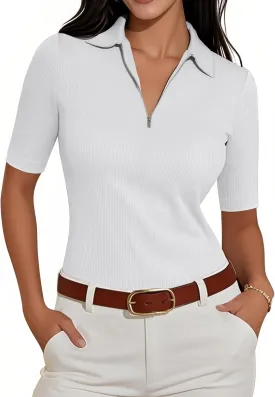 Women's Half Sleeve Top 2025 Summer Elegant V Neck Zipper Collared Work Shirts Slim Fitted Dressy Blouses